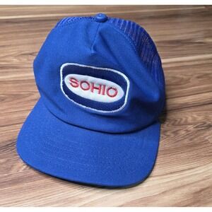 New Era Hat Cap Trucker Snap Back Mens Large Blue Sohio Patch Logo Vtg USA